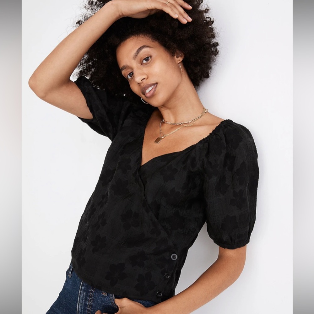 Madewell Puff-Sleeve Wrap Top in Floral Jacquard Black Small EUC
